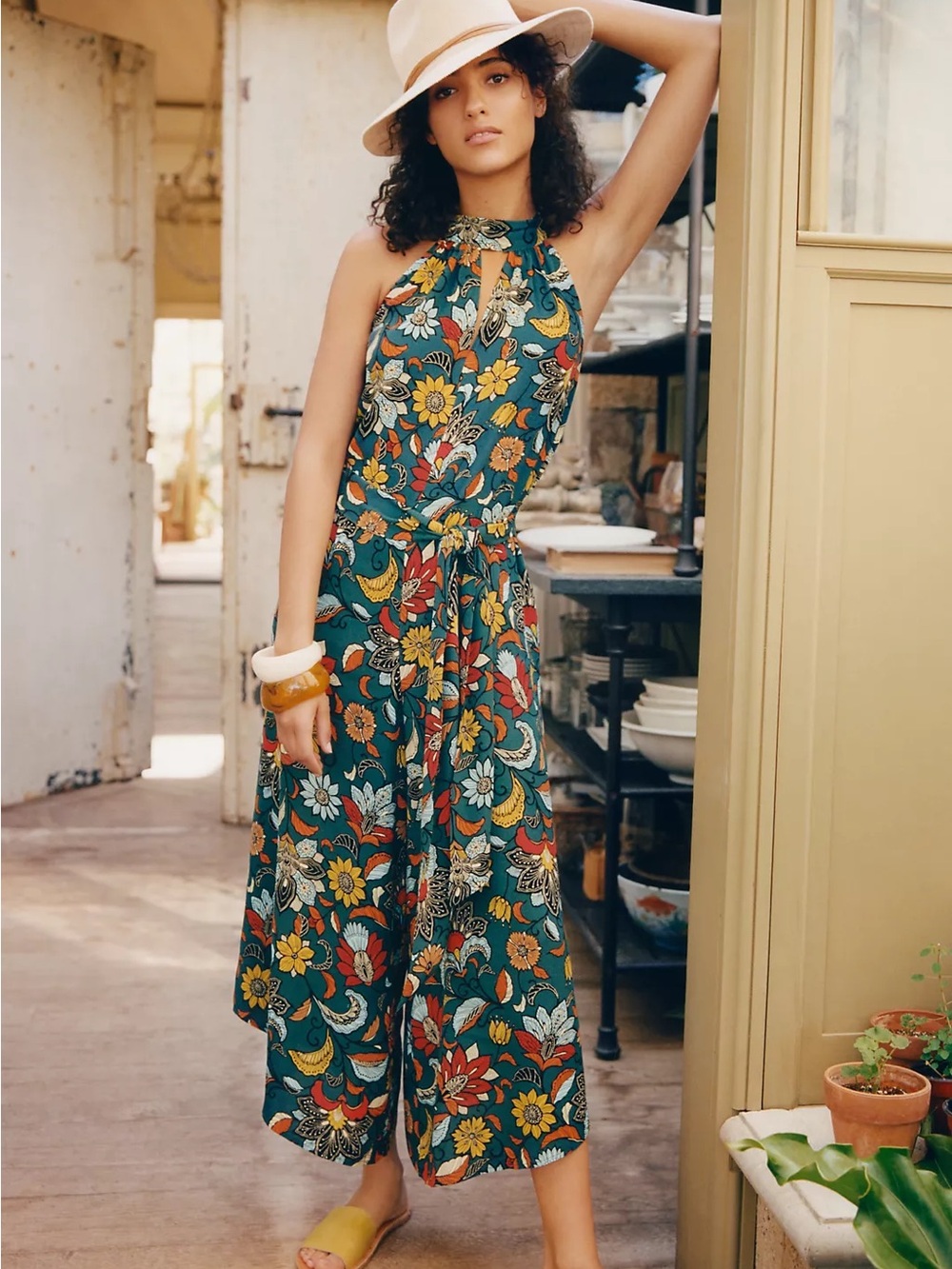 Anthropologie Women’s Geneva Halter Wide-Leg Jumpsuit Teal Floral Size Small - Picture 6 of 15